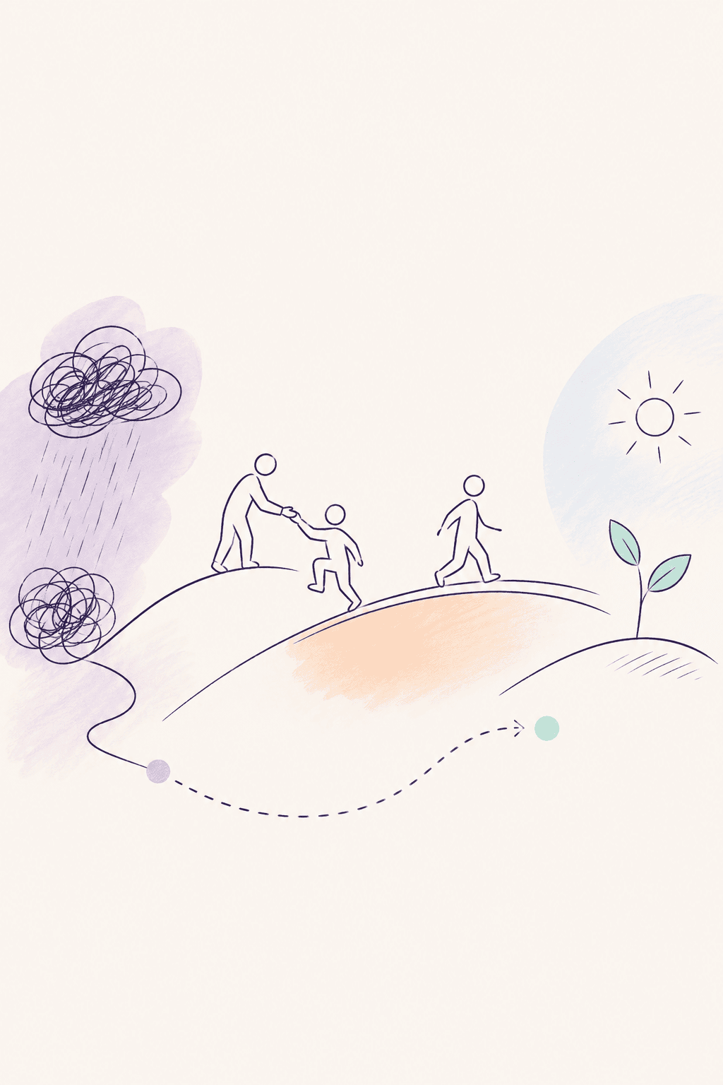 Illustration: eine erwachsene Person begleitet ein Kind über einen Hügel – vom Regen hin zu Sonne und einer wachsenden Pflanze.